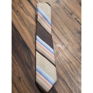 Vtg 70s Jean Claude Vidal Tie Brown Tan Blue Stripe Wide Blade Paris New York